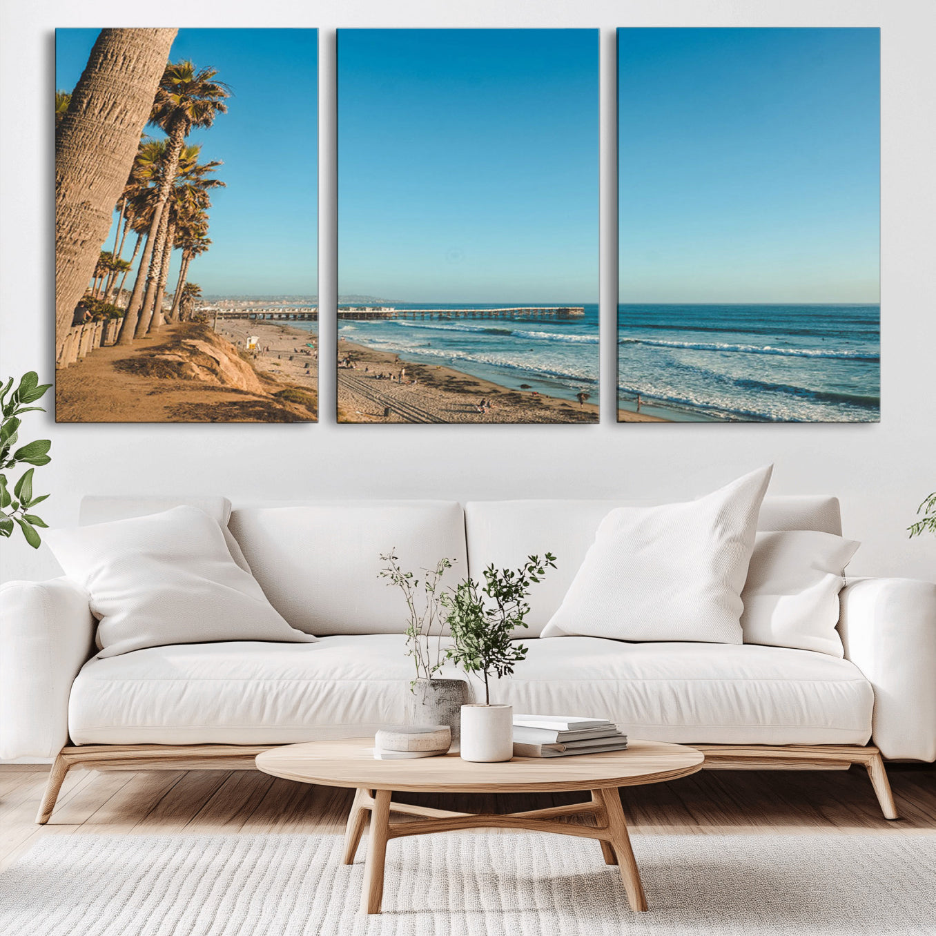 MGV-CV-60X30-3P - Scenic Beach with Tall Palm Trees, Sandy Shore, and Long Pier Stretching into the Calm Ocean Under