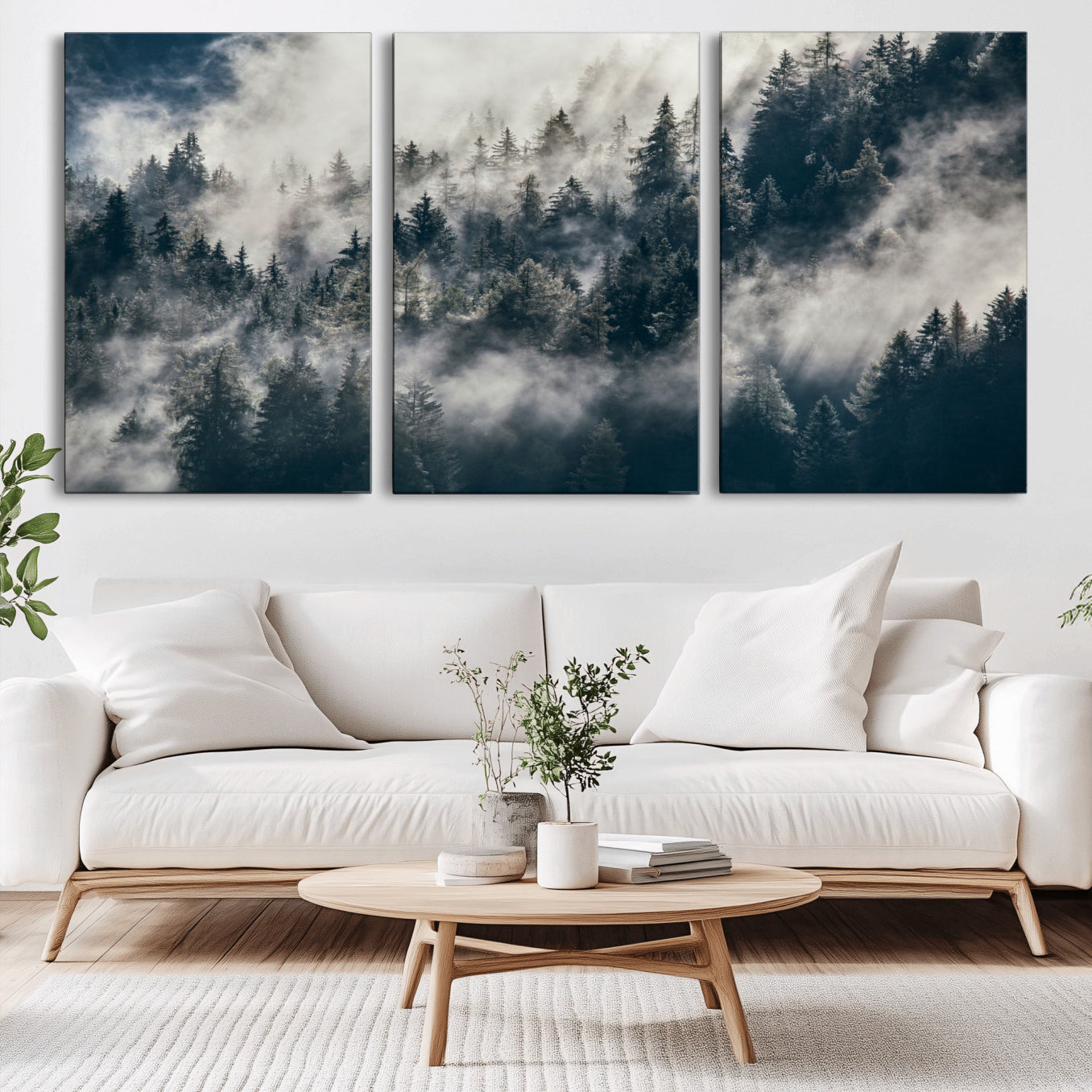 270372951-MGV-CV-60X30-3P - Misty Pine Forest Canvas Wall Art – Dark Forest Mountaing and Nature Landscape Print, Horizontal Canvas Print