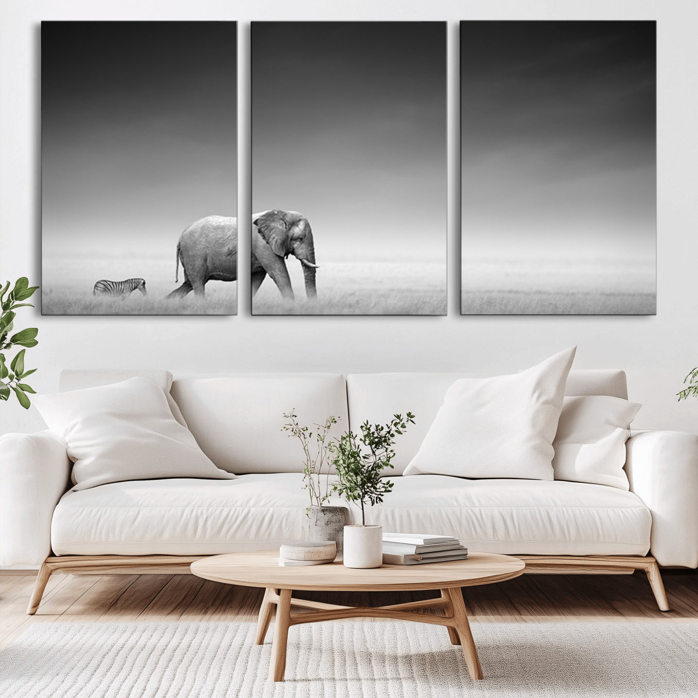 -Elephand and Zebra Wall Art Canvas Print, Modern Artwork