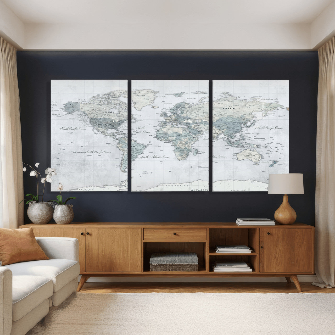 71091917-MGV-CV-36X24 - World Map Wall Art Canvas Print, Modern Decorative Framed Map Artwork Prints for Living Room, Office, Bedroom Wall Decor