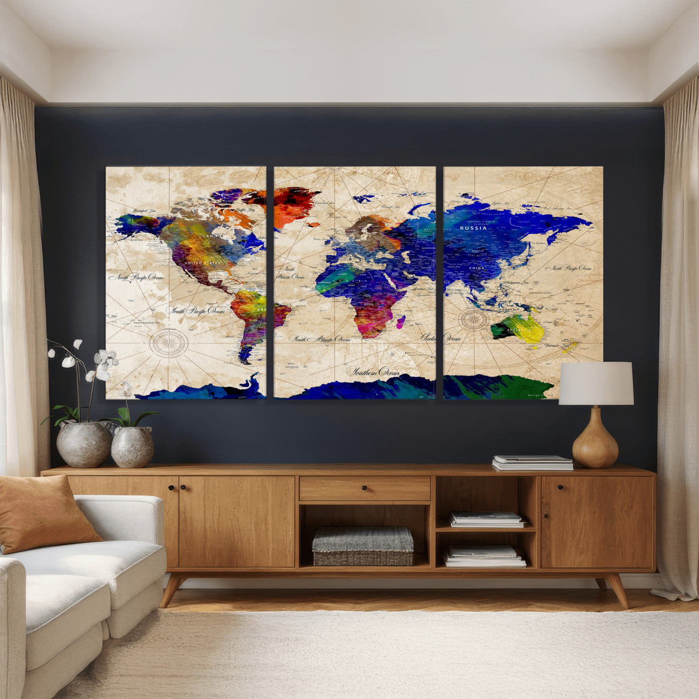 26284075-MGV-CV-36X24 - World Map Wall Art Canvas Print, Modern Decorative Framed Map Artwork Prints for Living Room, Office, Bedroom Wall Decor