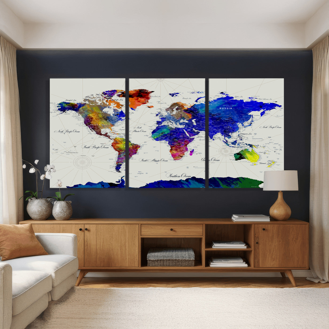 49670038-MGV-CV-36X24 - World Map Wall Art Canvas Print, Modern Decorative Framed Map Artwork Prints for Living Room, Office, Bedroom Wall Decor