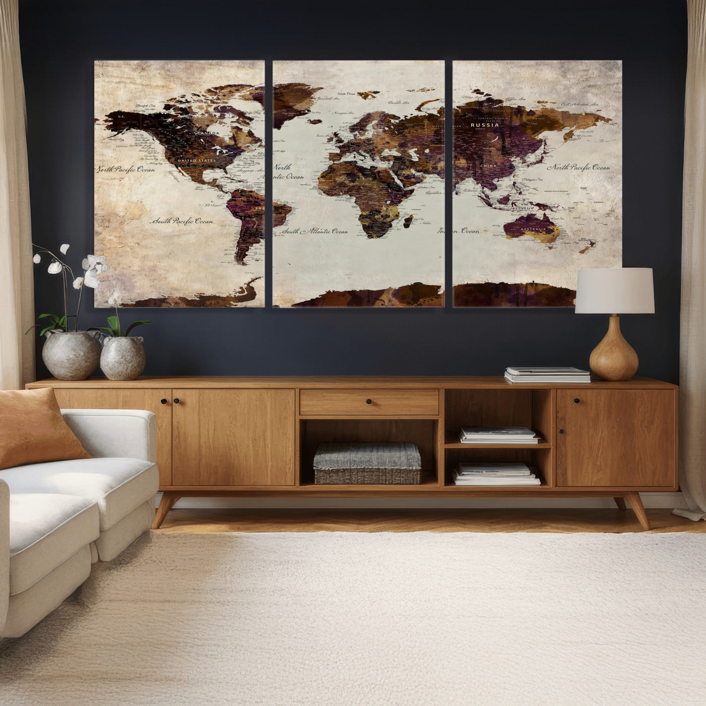 50611123-MGV-CV-36X24 - World Map Canvas Triptych – Colorful Global Wall Art for Living Rooms, Offices, and Study Spaces