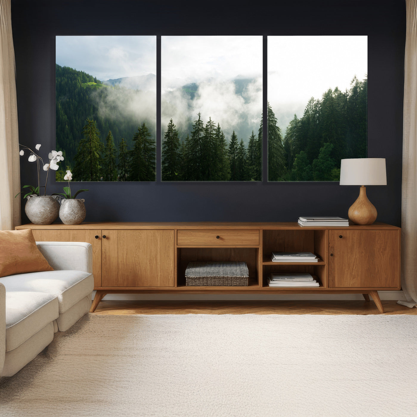 67174129-MGV-CV-36X24 - Misty Mountain Forest Canvas Print, Foggy Pine Trees Nature Wall Art, Framed Canvas Ready to Hang