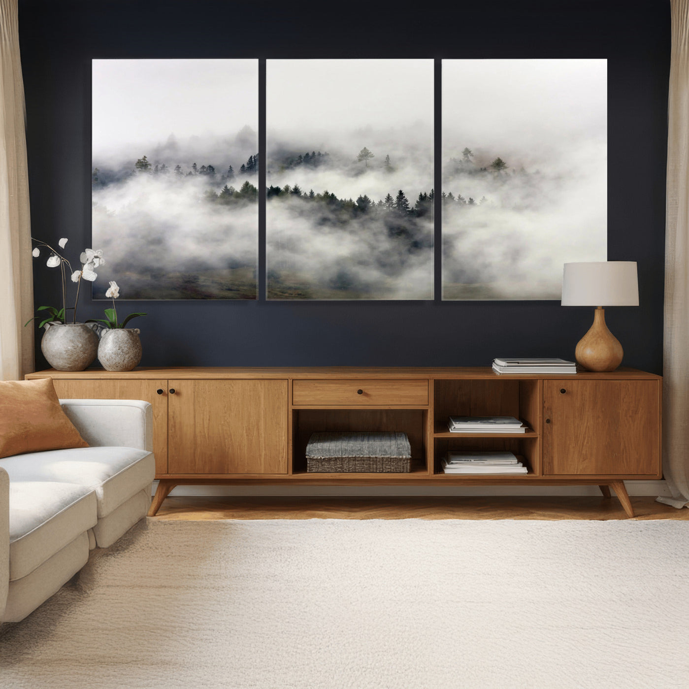 63235457-MGV-CV-36X24 - Foggy Forest Wall Art Canvas Print, Misty Pine Tree Landscape Wall Art Print, Framed Wall Art Ready to Hang