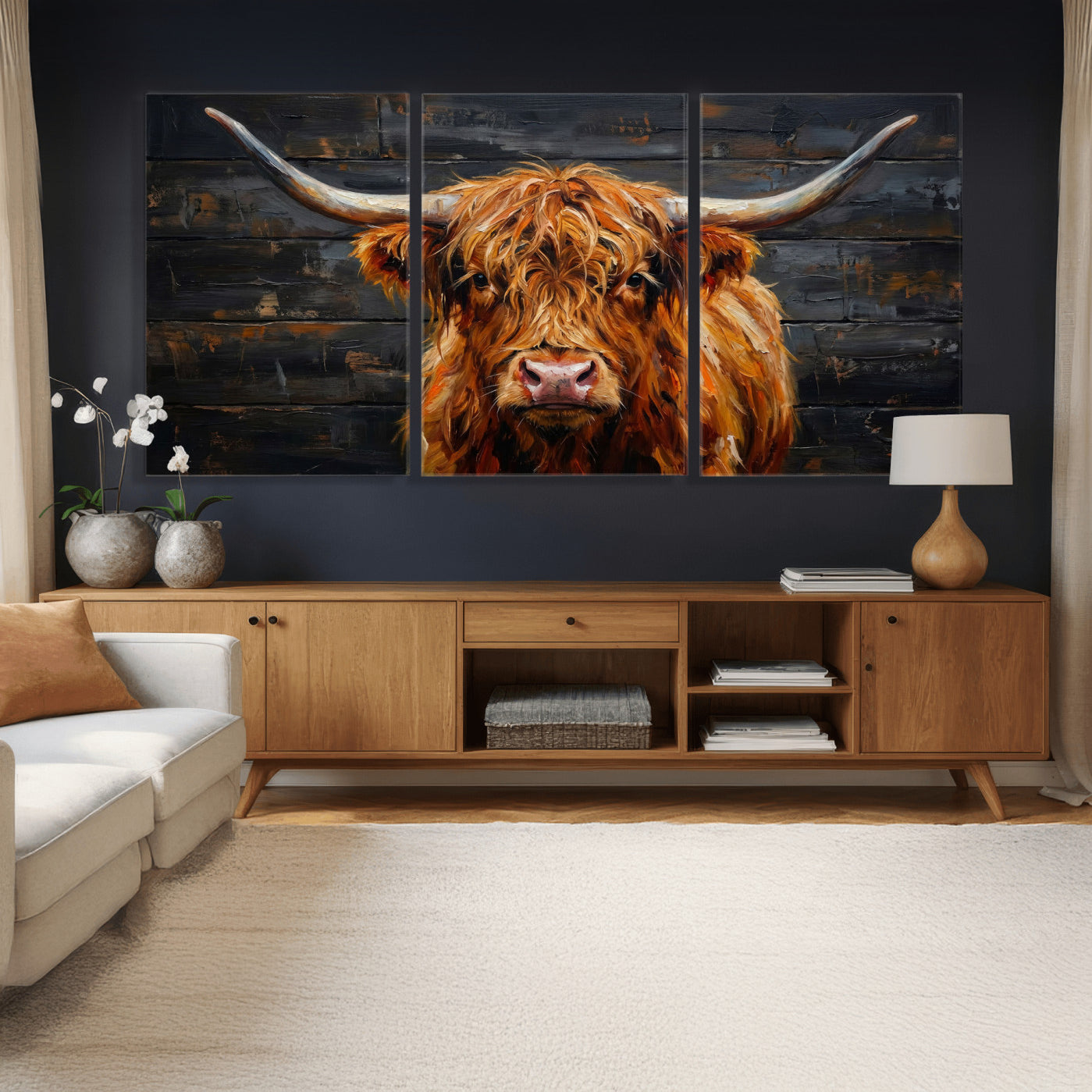 32536611-MGV-CV-36X24 - Highland Cow Wall Art Canvas Print, Rustic Farm Animal Painting, Framed Wall Art Ready to Hang