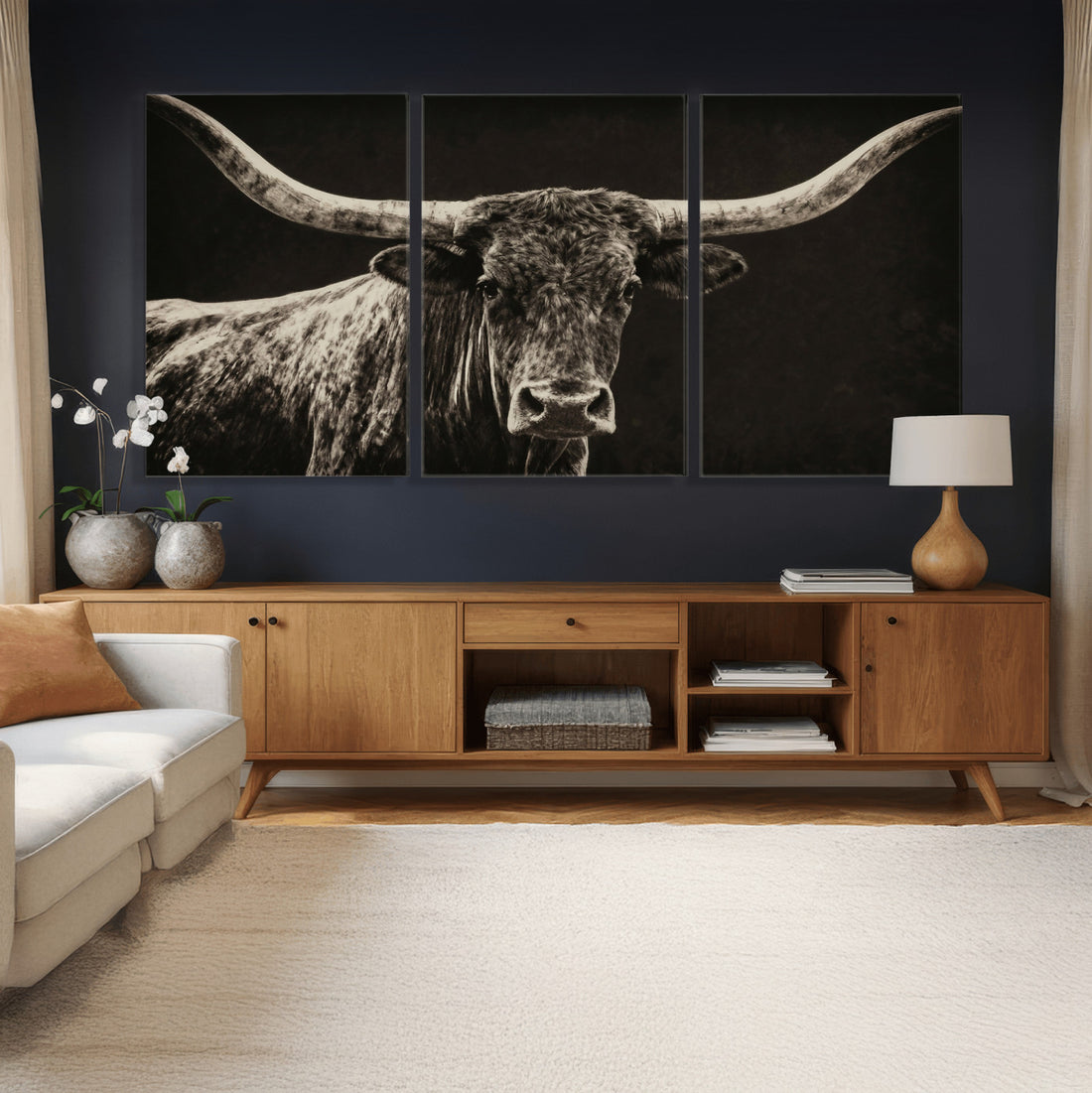 Vintage Texas Longhorn Bull Wall Art Canvas Print, Cow Portrait, Framed and Ready to Hang