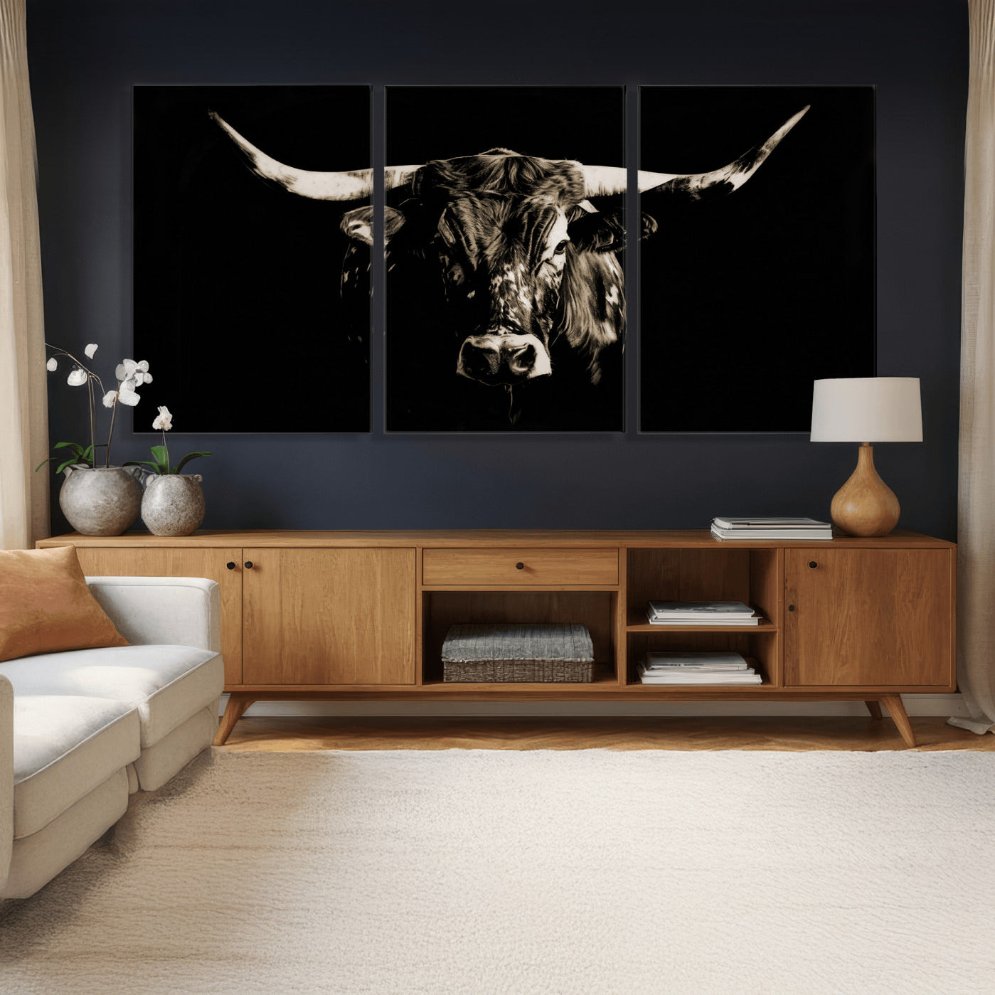 75774468-MGV-CV-36X24 - Black Bull Wall Art Canvas Print, Dark Longhorn Portrait Photography, Framed Wall Art Ready to Hang
