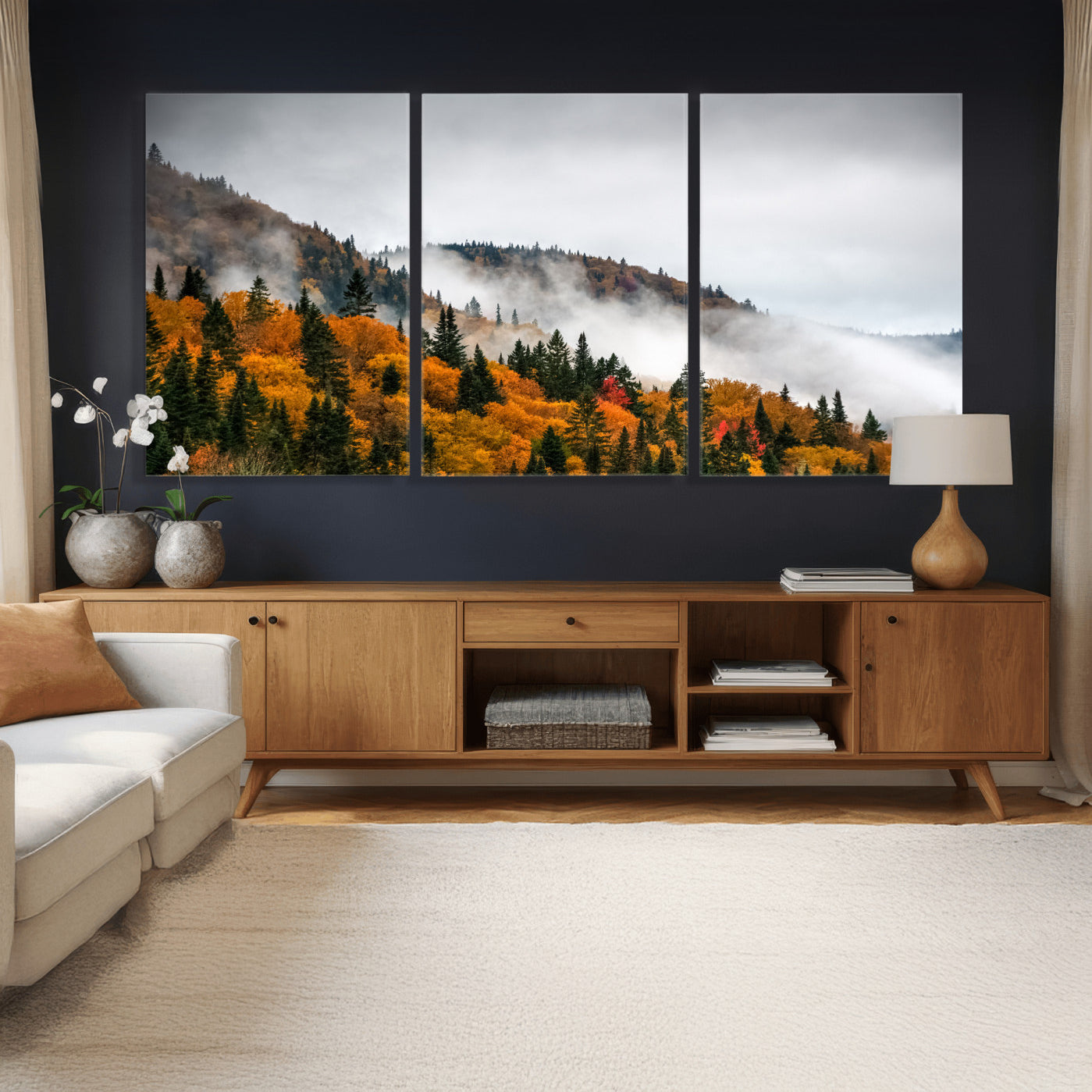 93581632-MGV-CV-36X24 - Autumn Forest Wall Art Canvas Print, Foggy Mountain Landscape Nature Photography, Framed Wall Art Ready to Hang