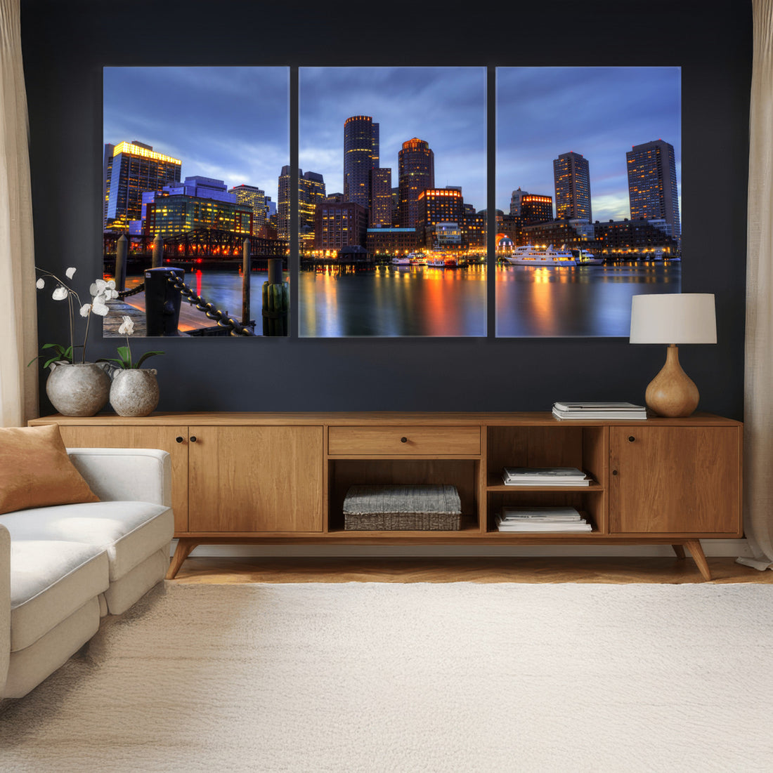 Boston Wall Art Canvas Print, Boston City Downtown Night Cityscape