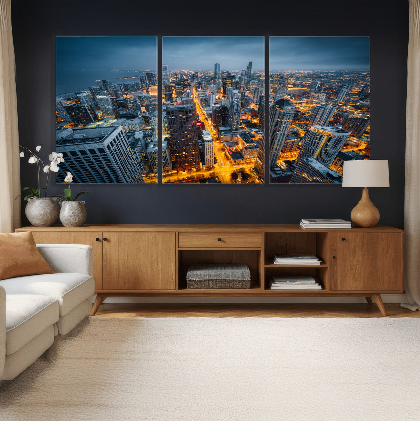 81742538-MGV-CV-36X24 - Chicago Wall Art Canvas Print, Chicago City Downtown Night Cityscape Print for Modern Urban Wall Decor