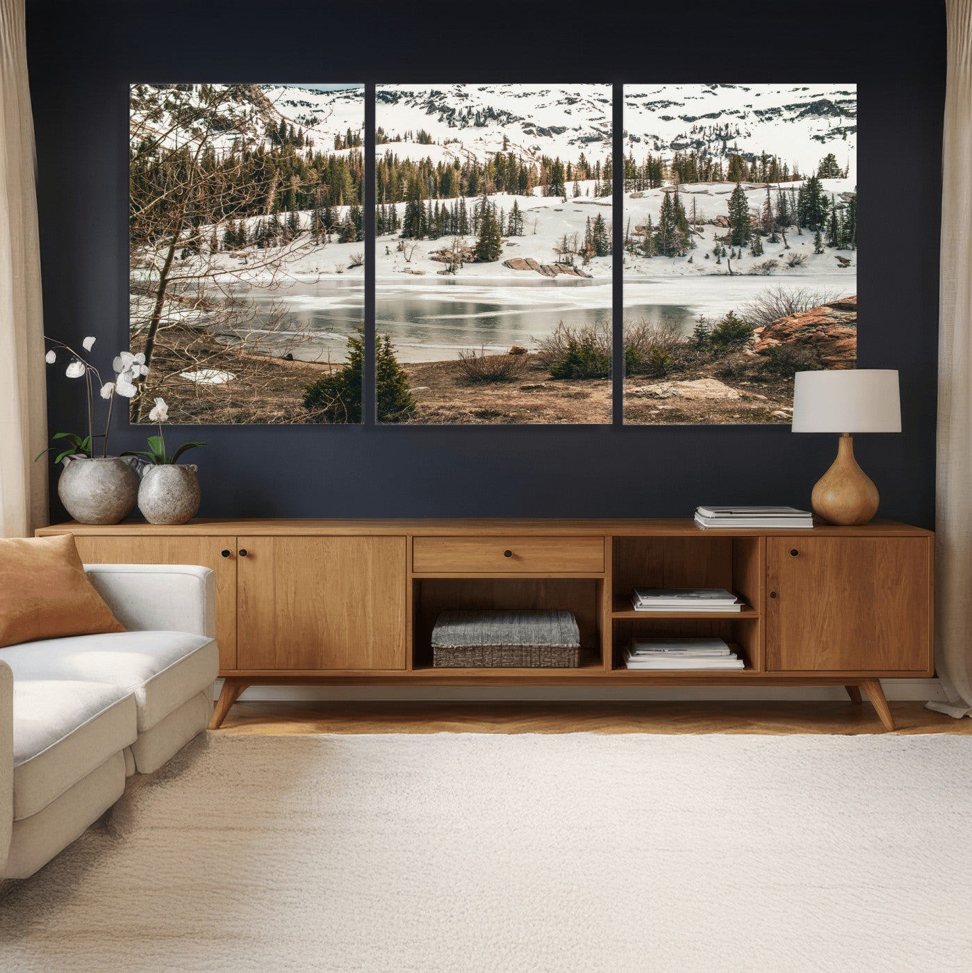 10336249-MGV-CV-36X24 - Snowy Mountain Landscape Wall Art Canvas Print, Alpine Pine Forest Winter Nature Wall Decor for Living Room and Office