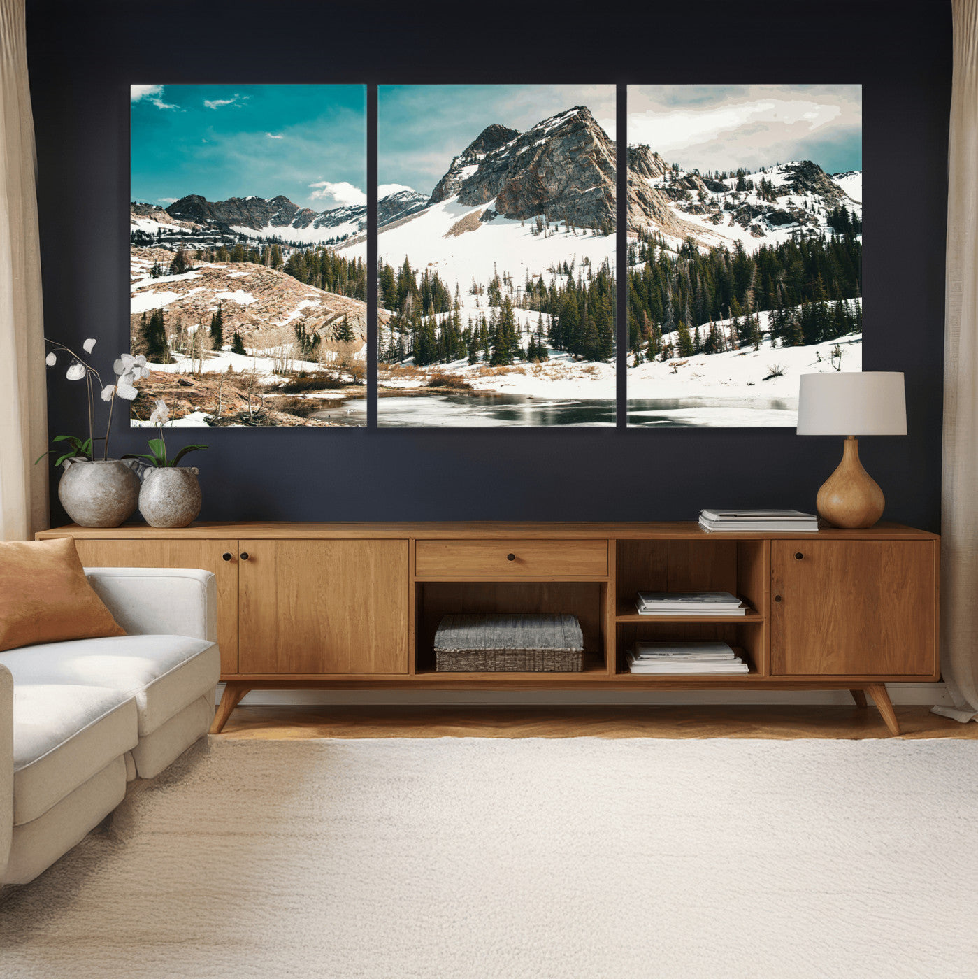 56837070-MGV-CV-36X24 - Snowy Mountain Landscape Wall Art Canvas Print, Alpine Pine Forest Winter Nature Wall Decor for Living Room and Office