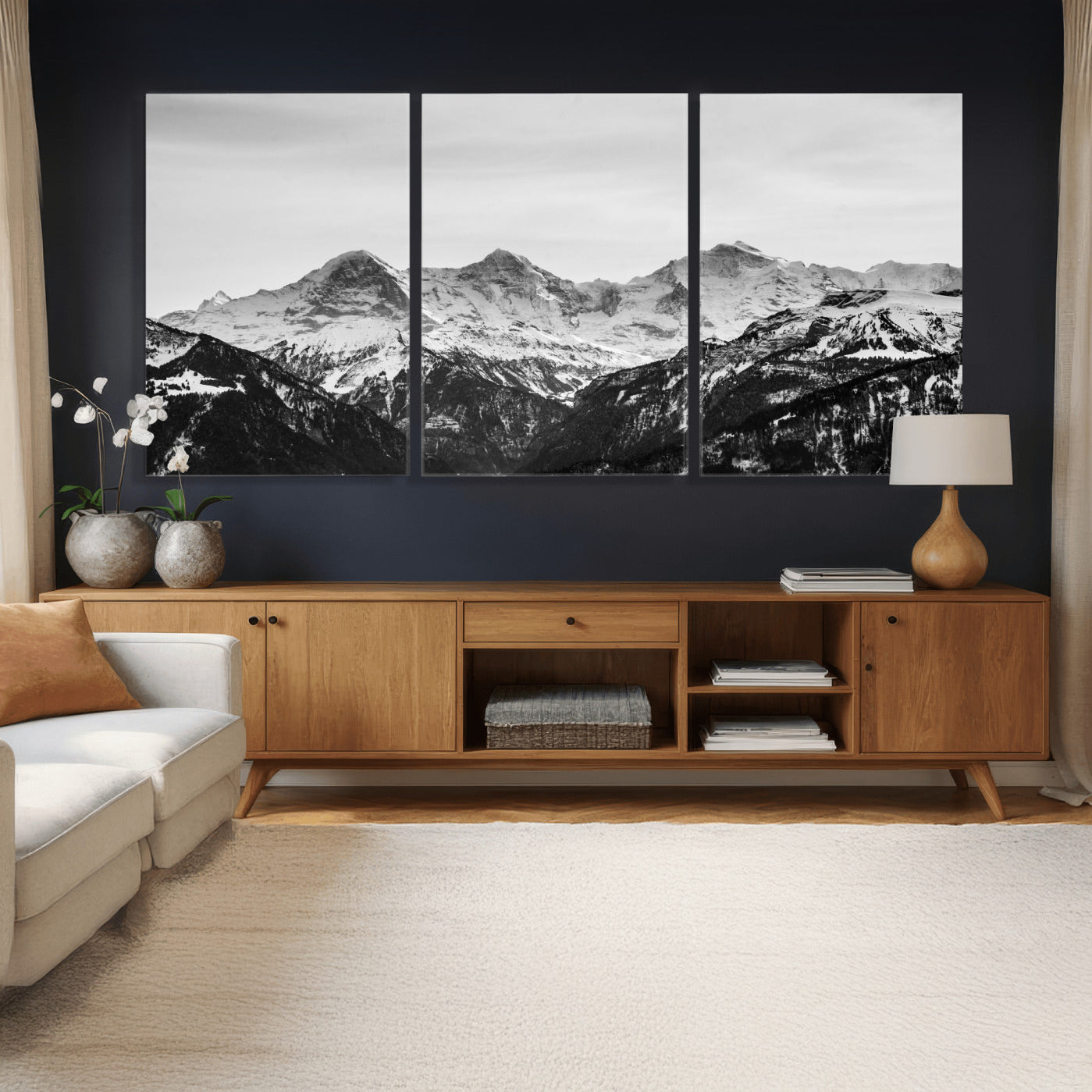 85684934-MGV-CV-36X24 - Black and White Mountain Wall Art Canvas Print, Snowy Alpine Peaks Landscape Photography, Minimal Monochrome Mountain Art, Scenic Nature Wall Decor