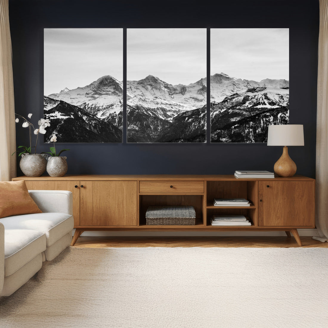 Black and White Mountain Wall Art Canvas Print, Snowy Alpine Peaks Minimal Landscape Photography
