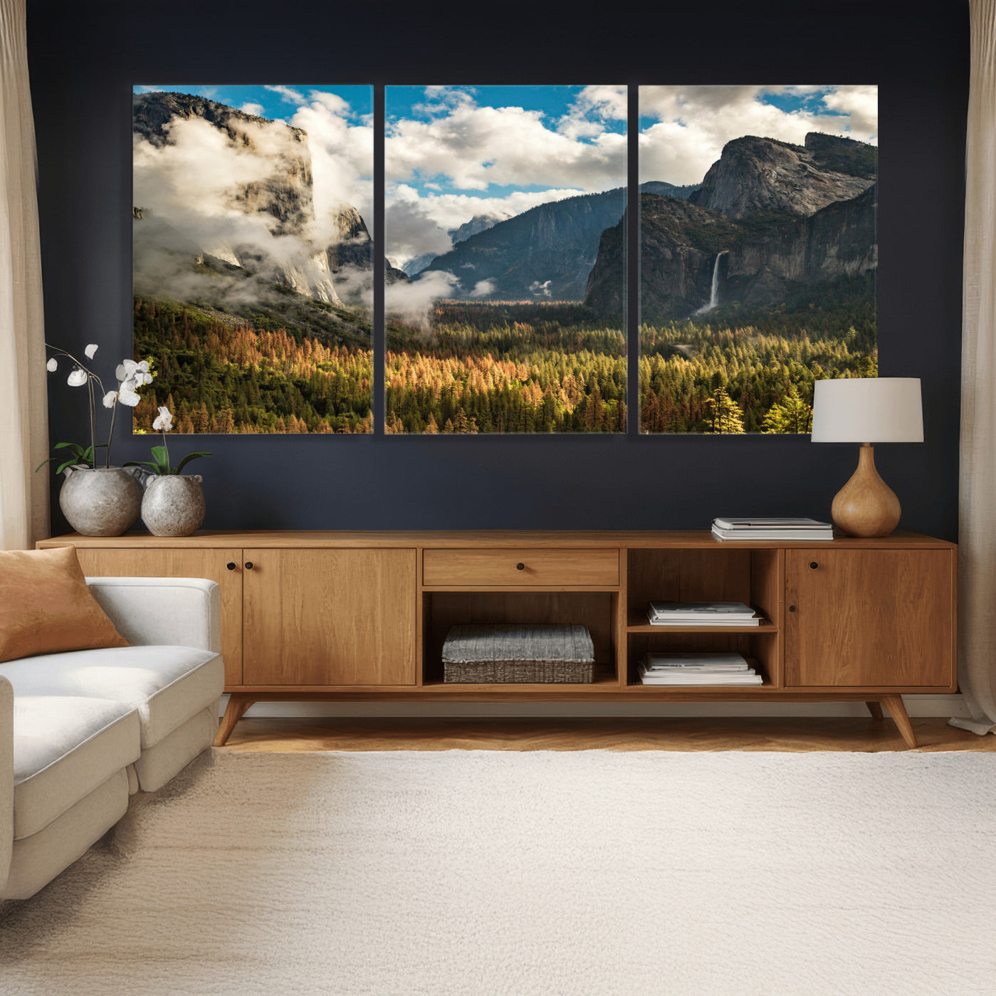18271001-MGV-CV-36X24 - Yosemite Valley River Landscape Wall Art Canvas Print, Granite Cliffs Forest River Canvas Print, California National Park Moody Scenic Art Printi