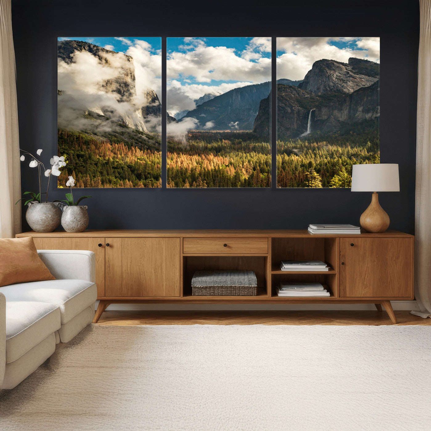 18271001-MGV-CV-36X24 - Yosemite Valley River Landscape Wall Art Canvas Print, Granite Cliffs Forest River Canvas Print, California National Park Moody Scenic Art Printi