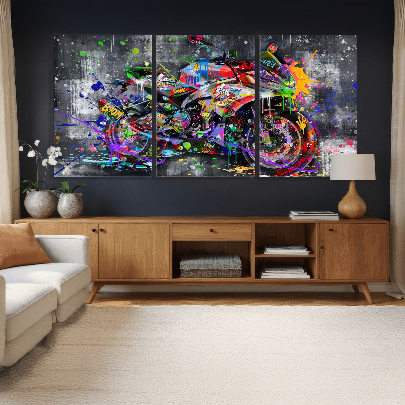 83021767-MGV-CV-36X24 - Graffiti Motorcycle Wall Art Canvas Print, Urban Street Art Motorbike Decor, Colorful Graffiti Sports Bike Artwork