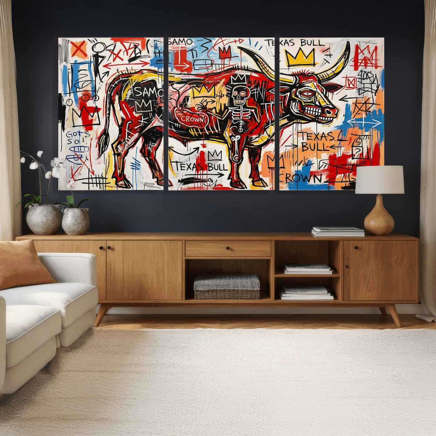 89504579-MGV-CV-36X24 - TITLE: Texas Bull Wall Art Canvas Print, Abstract Graffiti Bull Painting, Western Animal Art, Modern Ranch Decor