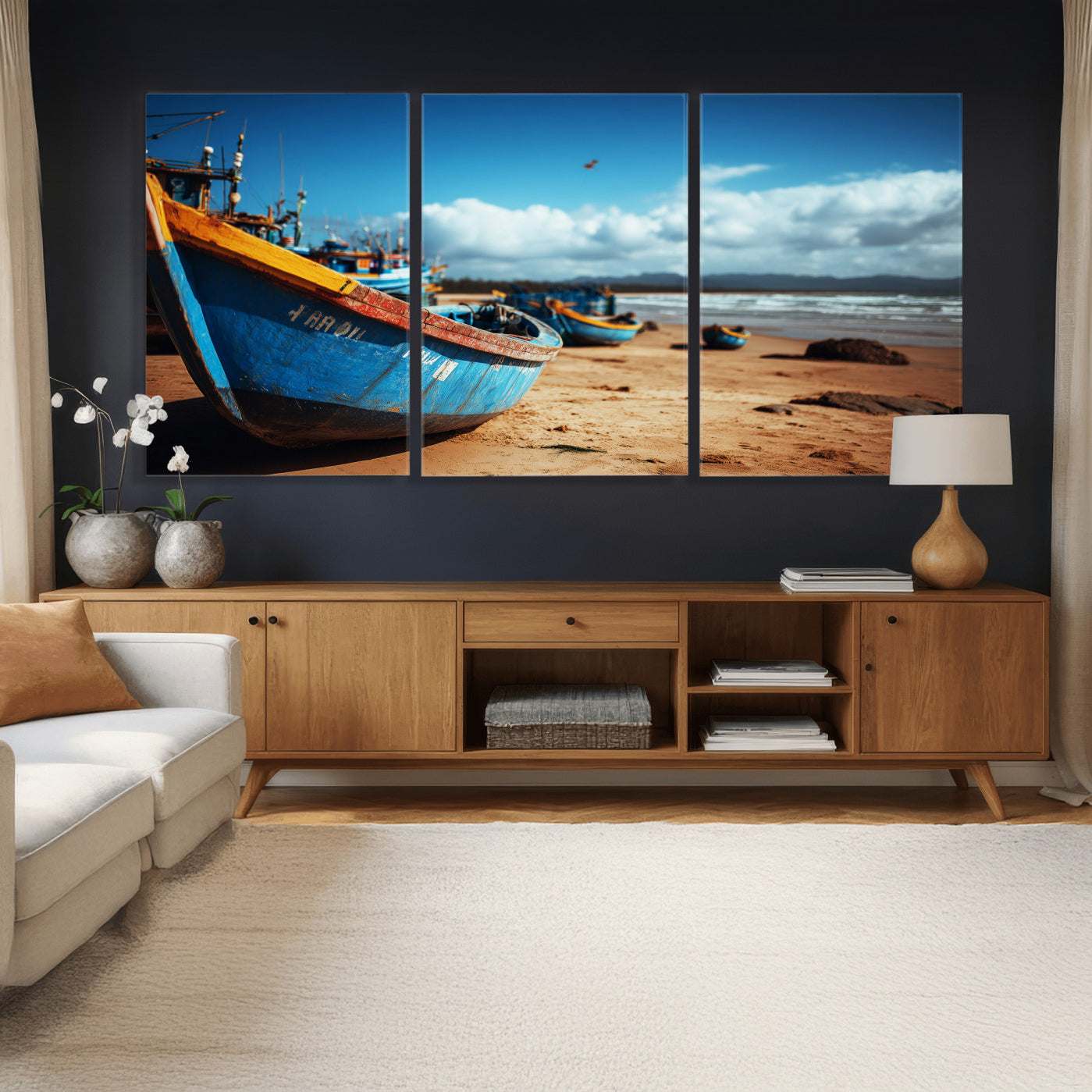 70925201-MGV-CV-36X24 - Fishing Boats Wall Art Canvas Print, Coastal Boat Beach Scene, Nautical Seaside Artwork, Ocean Shore Decor, Coastal Home Wall Art