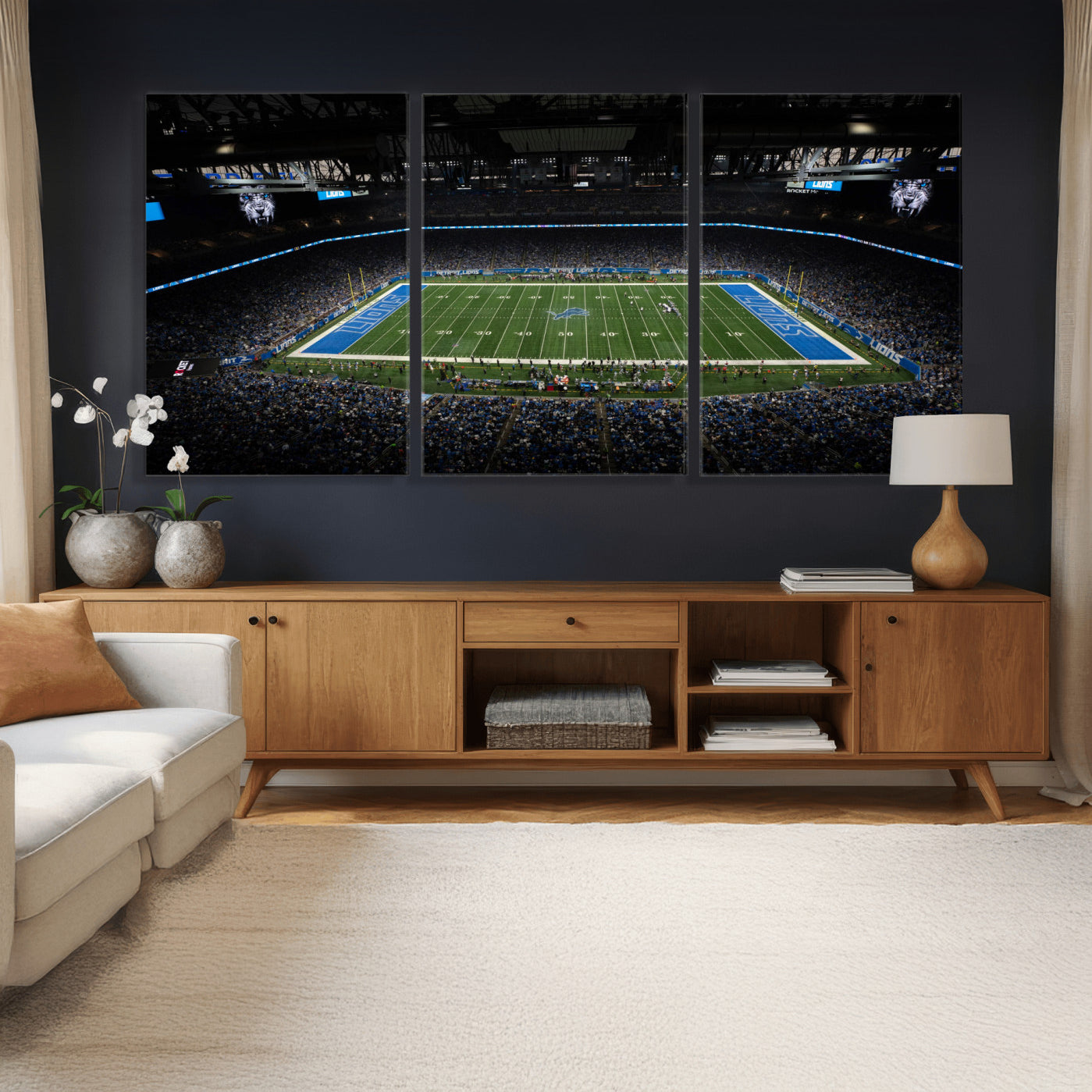 16709602-MGV-CV-36X24 - Detroit Lions Stadium Wall Art Canvas Print, Football Field Panorama Artwork, NFL Game Night Stadium Decor