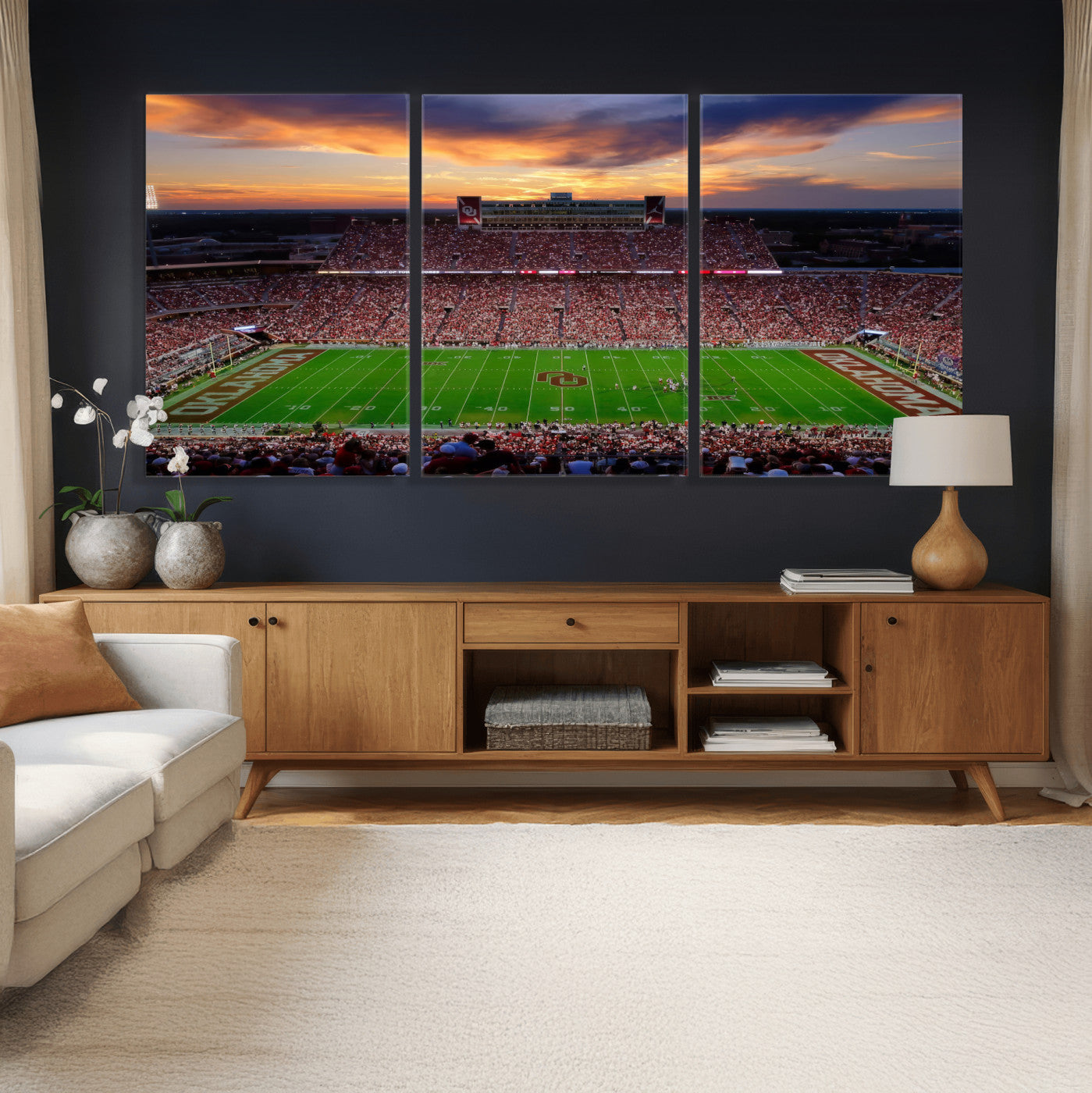 51457497-MGV-CV-36X24 - Oklahoma Sooners Stadium Wall Art Canvas Print, College Football Sunset Game Scene, OU Football Field Panorama Wall Decor