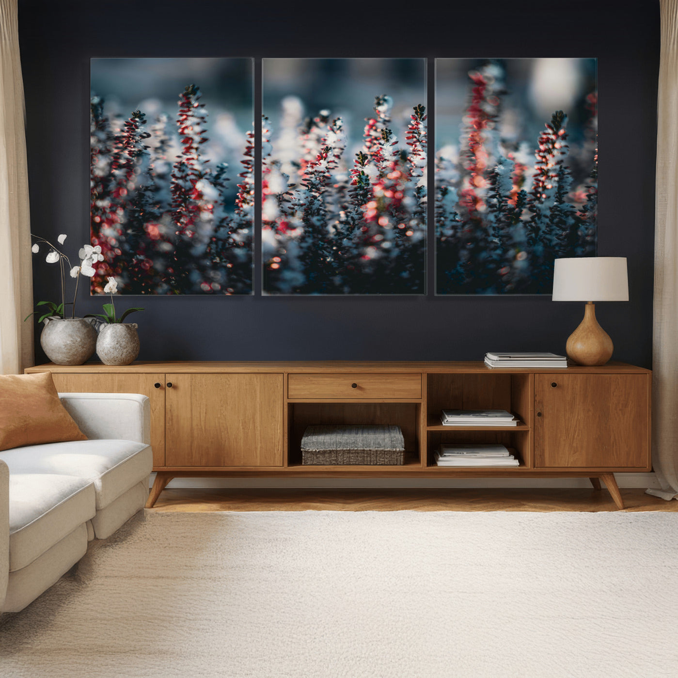 82063935-MGV-CV-36X24 - Winter Heather Wall Art Canvas Print, Frosted Floral Nature Art, Moody Botanical Wall Decor