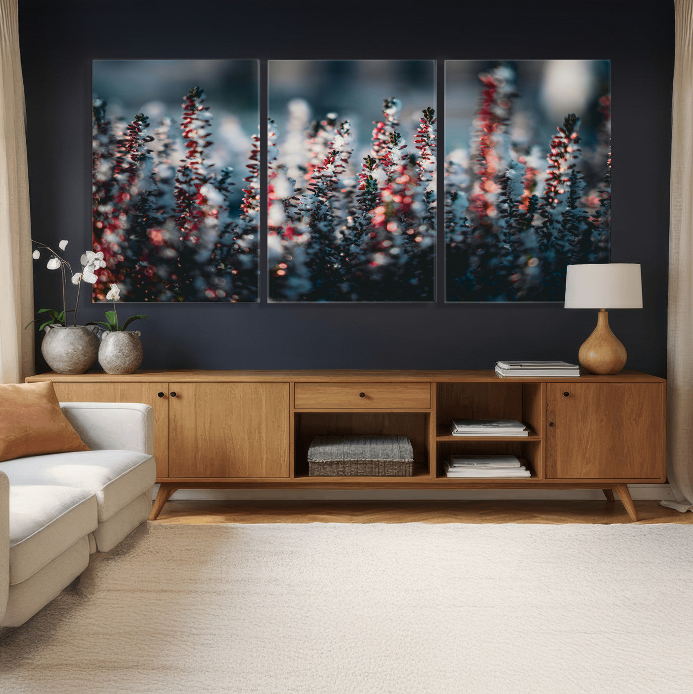 82063935-MGV-CV-36X24 - Winter Heather Wall Art Canvas Print, Frosted Floral Nature Art, Moody Botanical Wall Decor