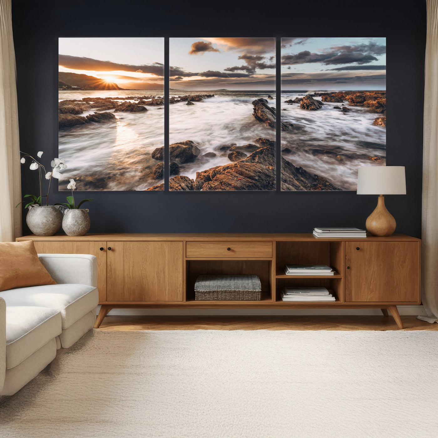 66746024-MGV-CV-36X24 - Rocky Coast Ocean Sunset Wall Art Canvas Print, Dramatic Seascape Nature Wall Decor for Living Room and Office