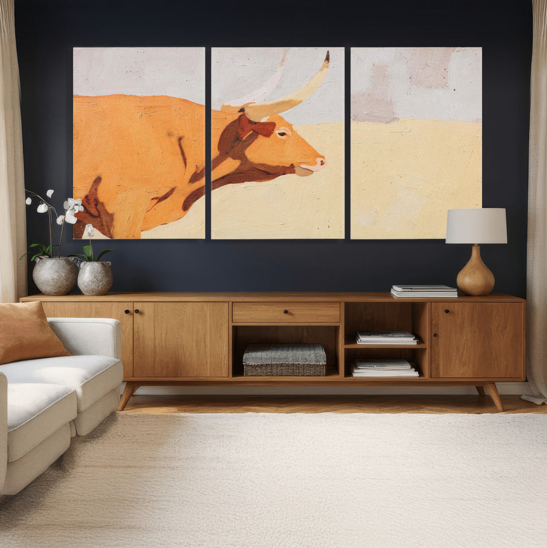 Minimal Longhorn Bull Wall Art Canvas Print, Neutral Western Decor