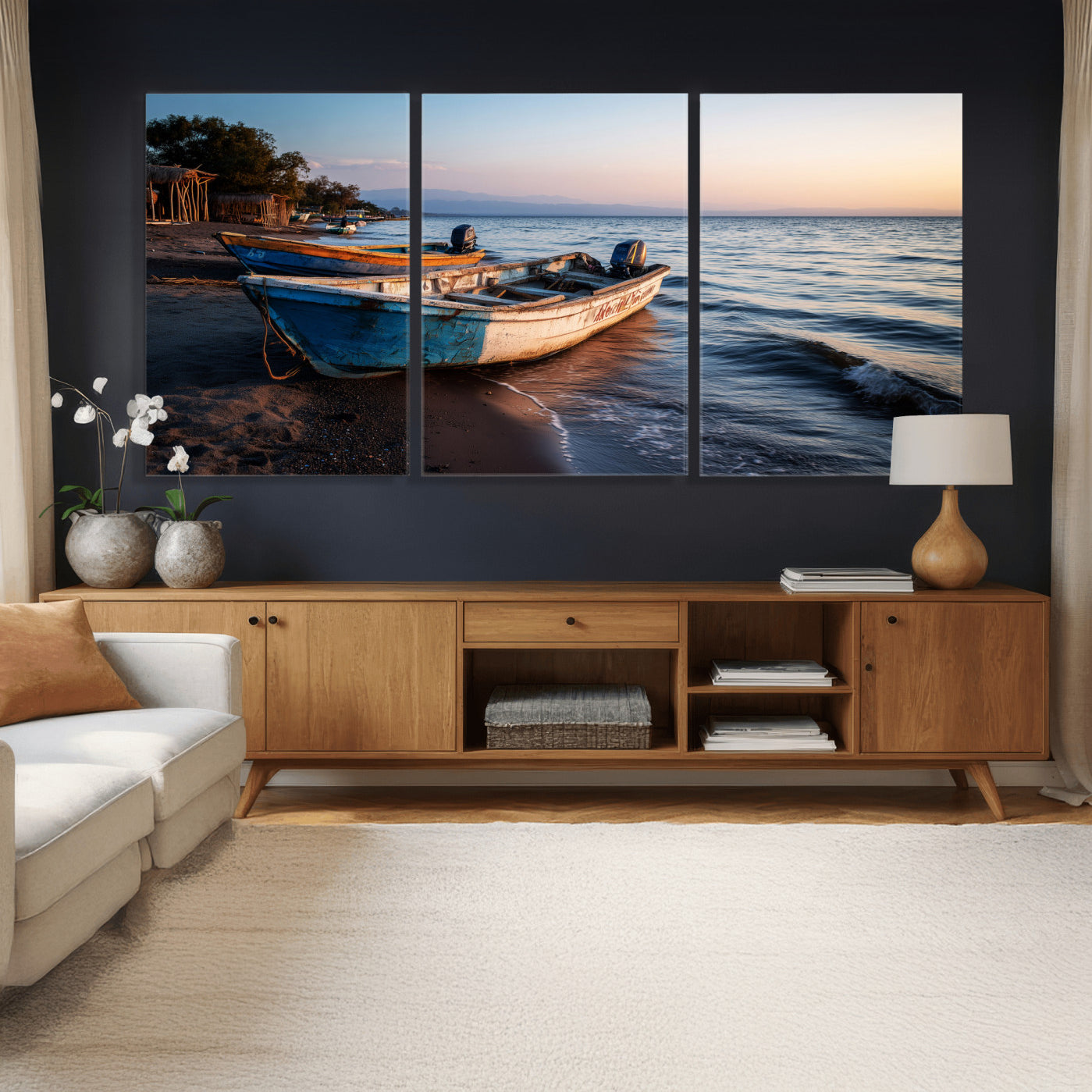 48310406-MGV-CV-36X24 - Coastal Fishing Boats Wall Art Canvas Print, Sunset Beach Boat Scene, Rustic Seaside Landscape Artwork, Calm Ocean Shore Wall Art
