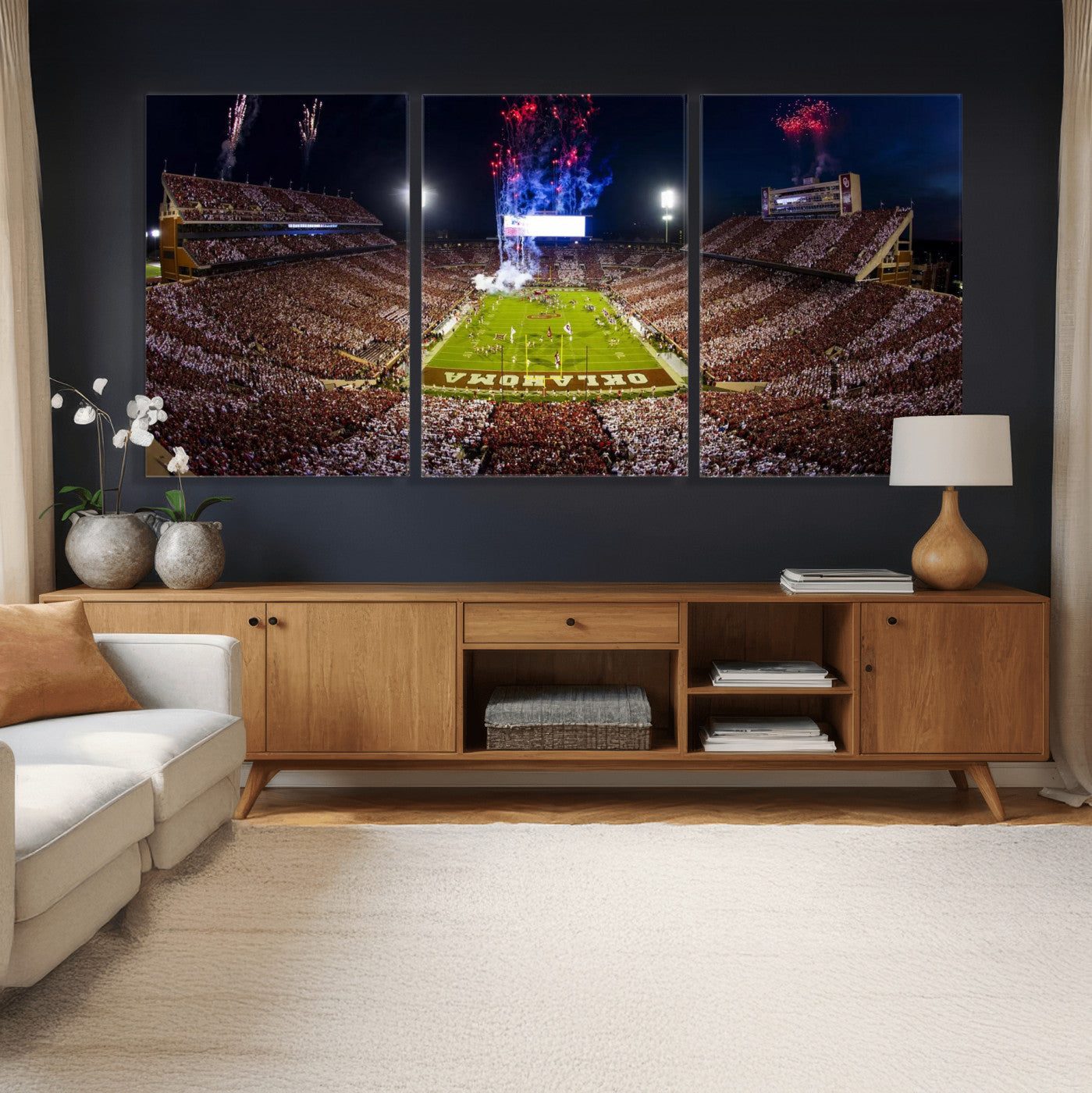 43197777-MGV-CV-36X24 - Oklahoma Memorial Stadium Wall Art Canvas Print – Oklahoma Sooners Football Artwork for Home, Office, and Sports Room Decor