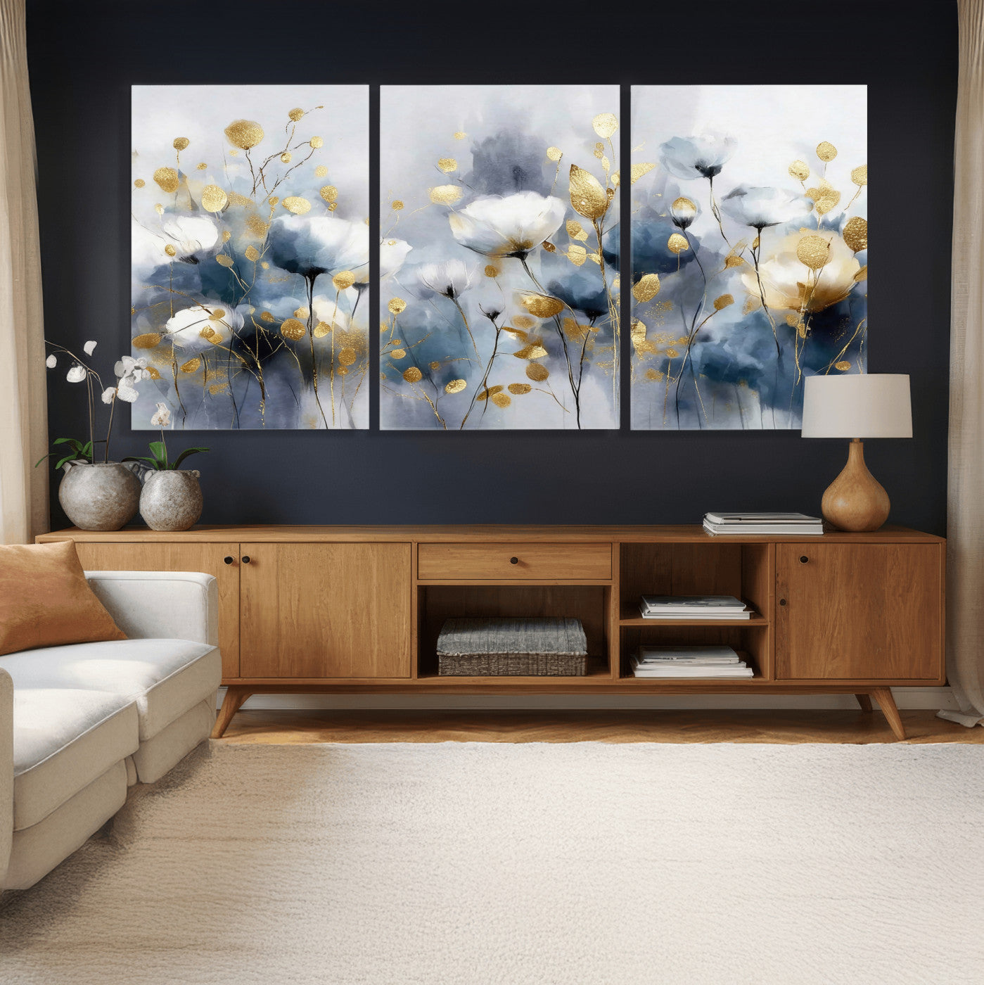 84358857-MGV-CV-36X24 - Large Abstract Flowers Wall Art Canvas Print – Gold and Blue Botanical Artwork for Living Room, Bedroom, and Office Decor
