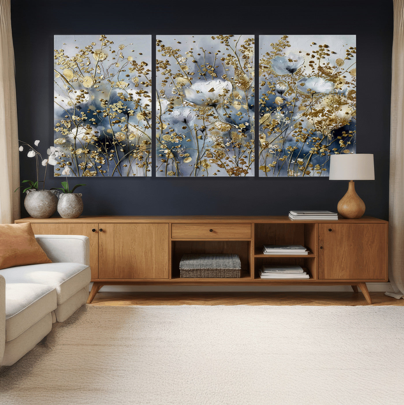 24499670-MGV-CV-36X24 - Abstract Floral Wall Art Canvas Print – Gold and Blue Botanical Artwork for Living Room, Bedroom, and Office Decor