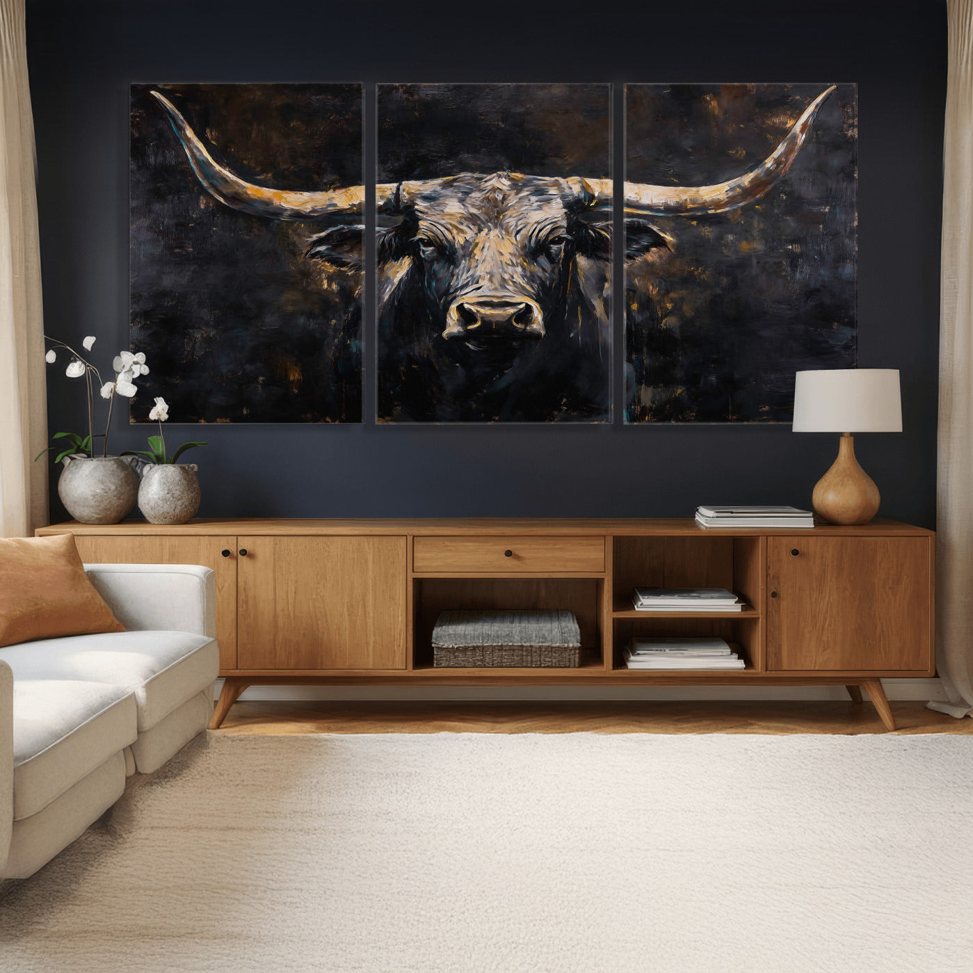 17622011-MGV-CV-36X24 - Abstract Longhorn Bull Wall Art Canvas Print – Dark Rustic Western Cattle Artwork for Farmhouse, Ranch, Cabin, and Office Decor