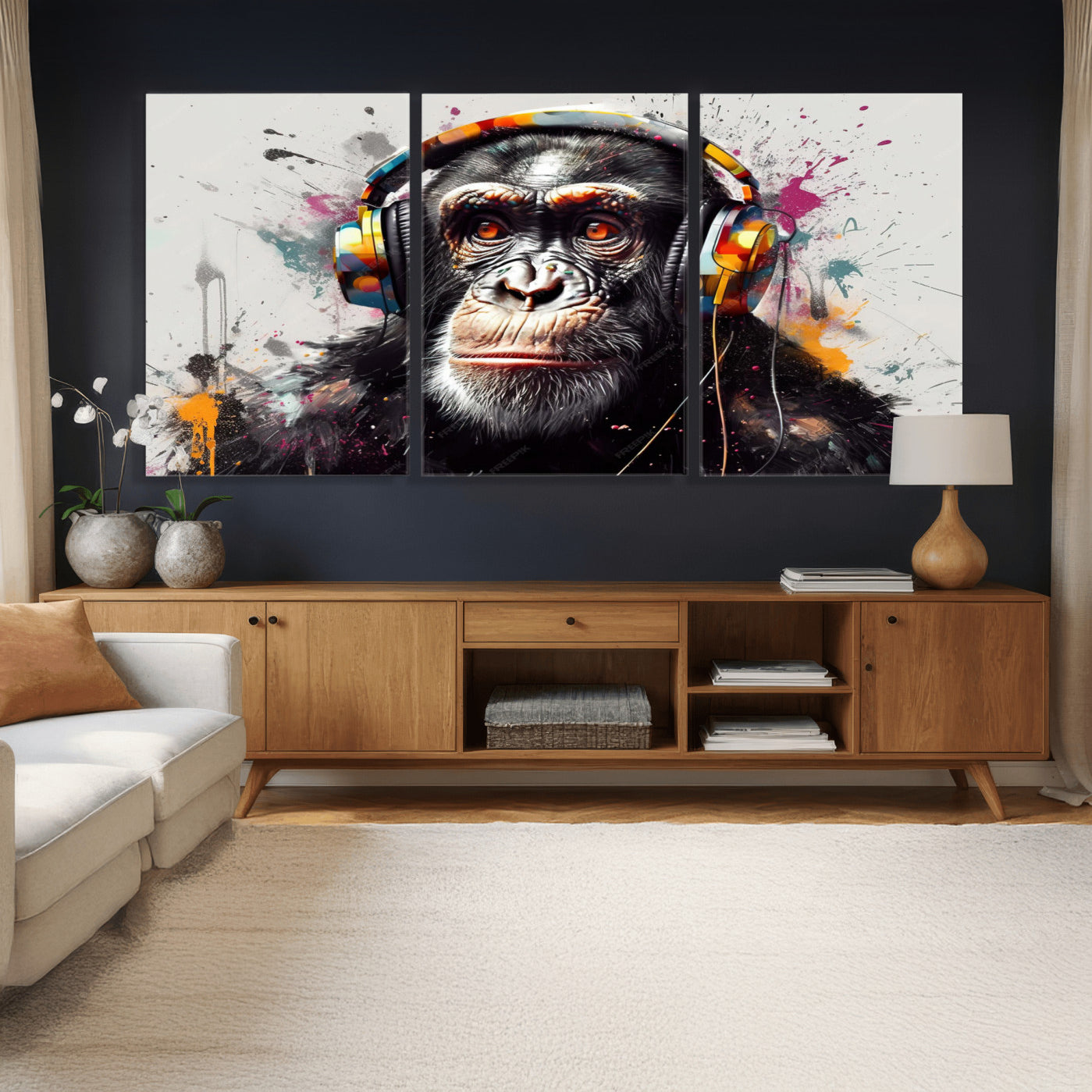 31244985-MGV-CV-36X24 - Dj Monkey Wall Art Canvas Print – Colorful Pop Art Banksy Graffiti Chimpanzee Print