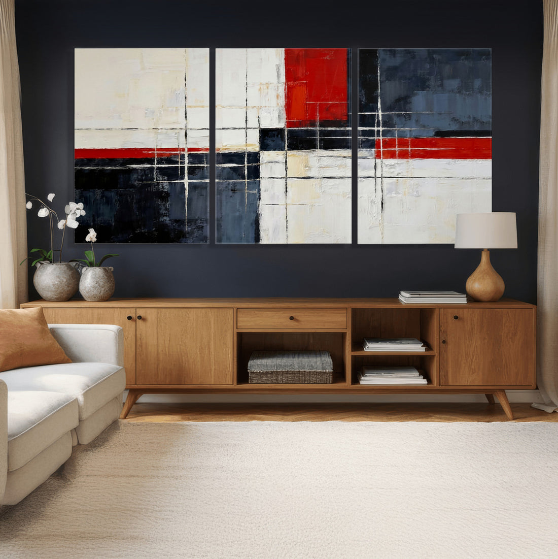 Navy Red Abstract Wall Art Canvas Print, Modern Luxury Geometric Art for Living Room and Office