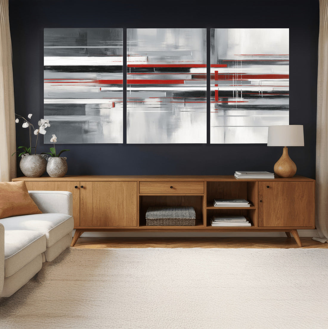 Gray Red Abstract Wall Art Canvas Print, Modern Abstract Decor for Living Room and Office