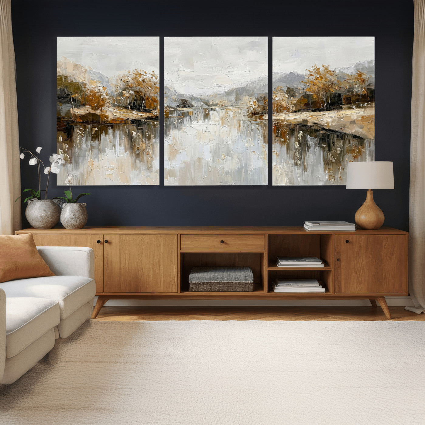 78227690-MGV-CV-36X24 - Neutral Abstract Lake Landscape Wall Art Canvas Print, Modern Minimal River Reflection Canvas Print, Beige Gray Contemporary Nature Art Printing