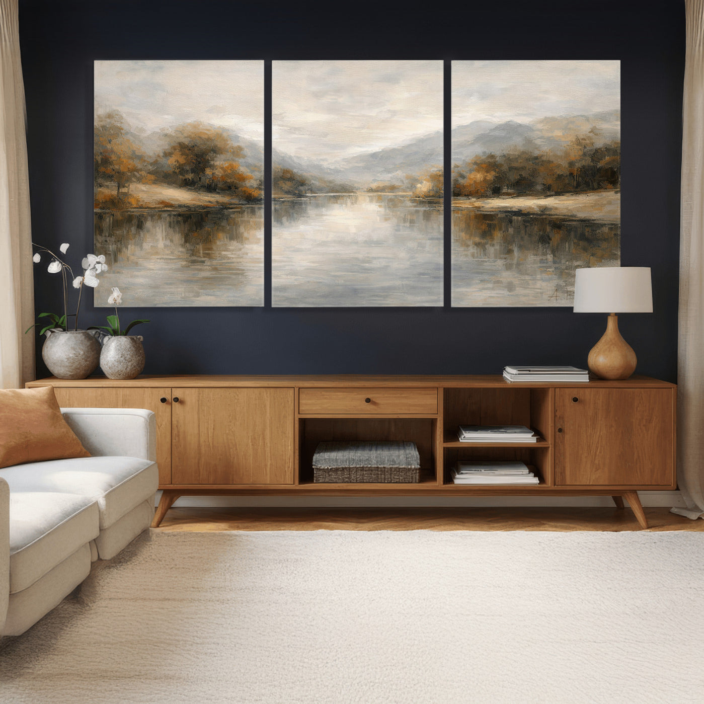 29251761-MGV-CV-36X24 - Neutral Abstract River Landscape Wall Art Canvas Print, Modern Minimal Nature Reflection Canvas Print, Beige Gray Contemporary Mountain Art Printing