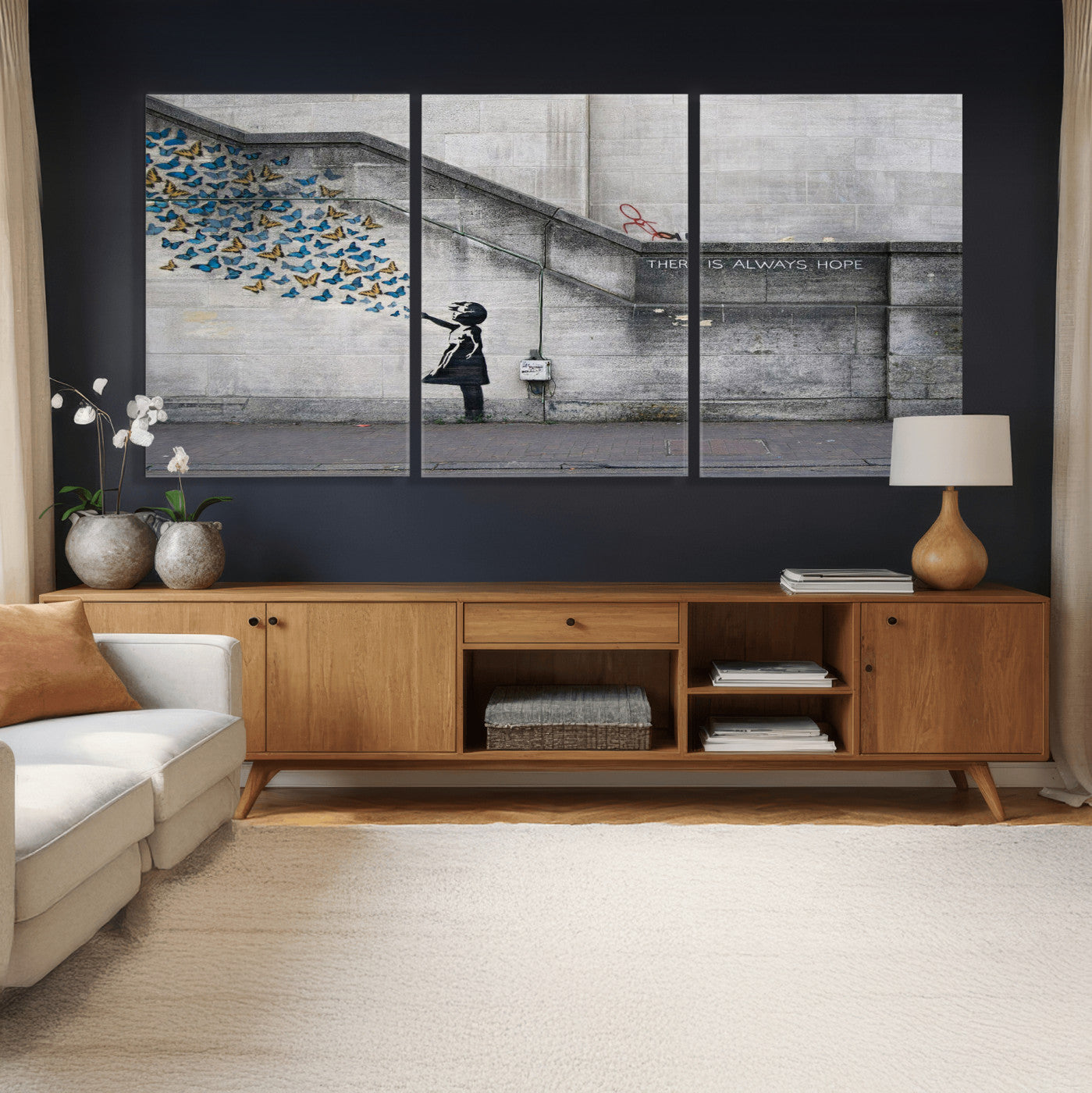 15274223-MGV-CV-36X24 - Banksy Girl with Butterflies Street Art Wall Art Canvas Print, Hope Graffiti Urban Art Canvas Print, Minimalist Inspirational Street Art Contemporary Art Printing