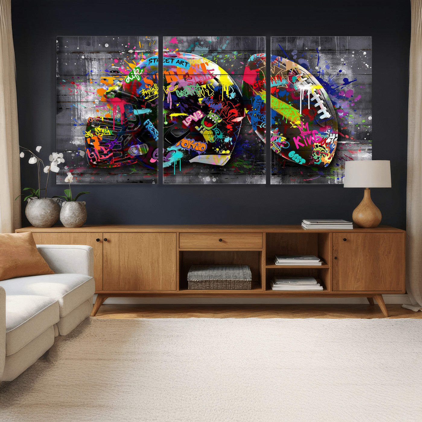 80540773-MGV-CV-36X24 - Graffiti American Football Helmet Street Art Wall Art Canvas Print, Urban Sports Pop Art Football Canvas Print, Colorful Graffiti Sports Contemporary Art Printing