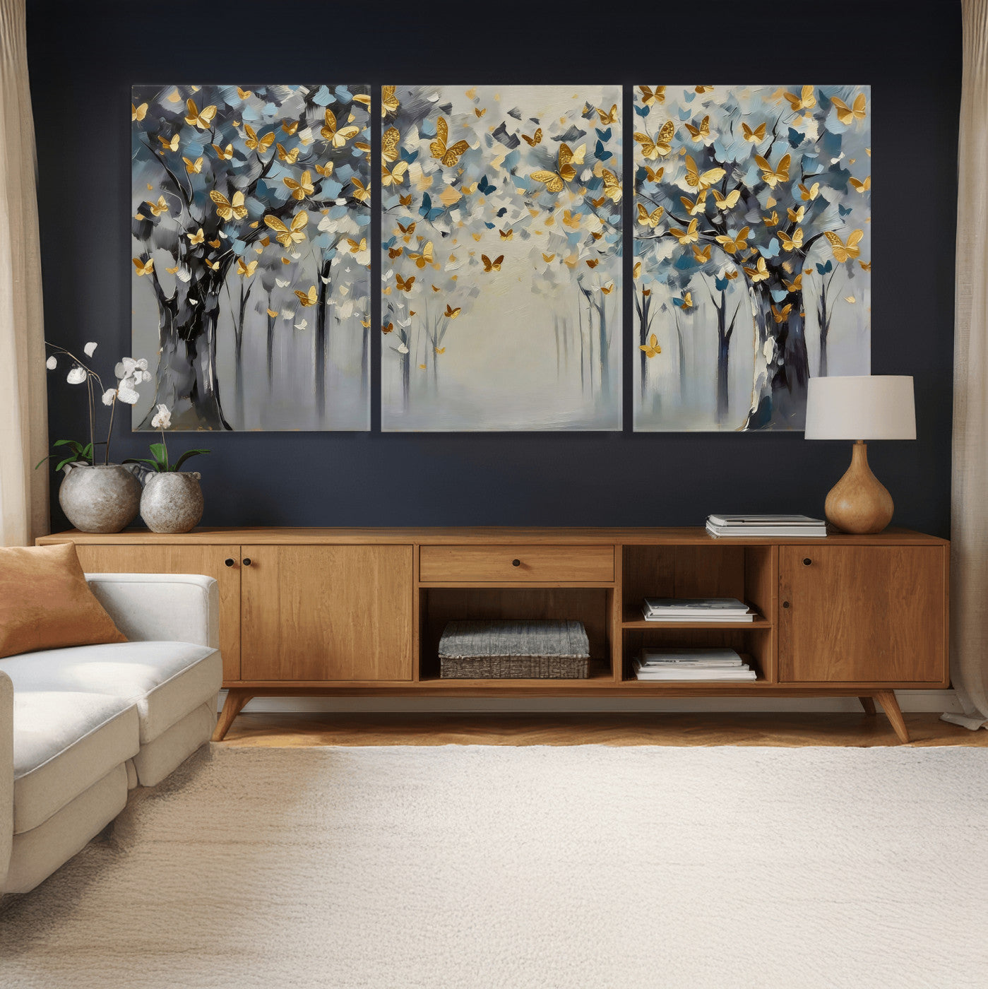 79208191-MGV-CV-36X24 - Golden Butterfly Tree Abstract Wall Art Canvas Print, Modern Elegant Nature Painting Canvas Print, Blue Gold Contemporary Floral Art Printing