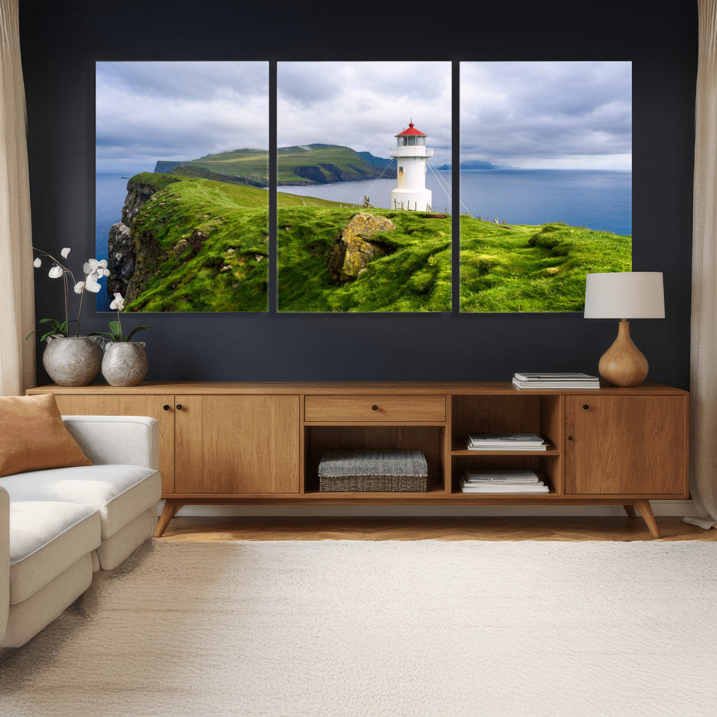 10680390-MGV-CV-36X24 - Coastal Lighthouse Wall Art Canvas Print, Cliffside Ocean Landscape Canvas Print, Scandinavian Coastal Decor for Living Room