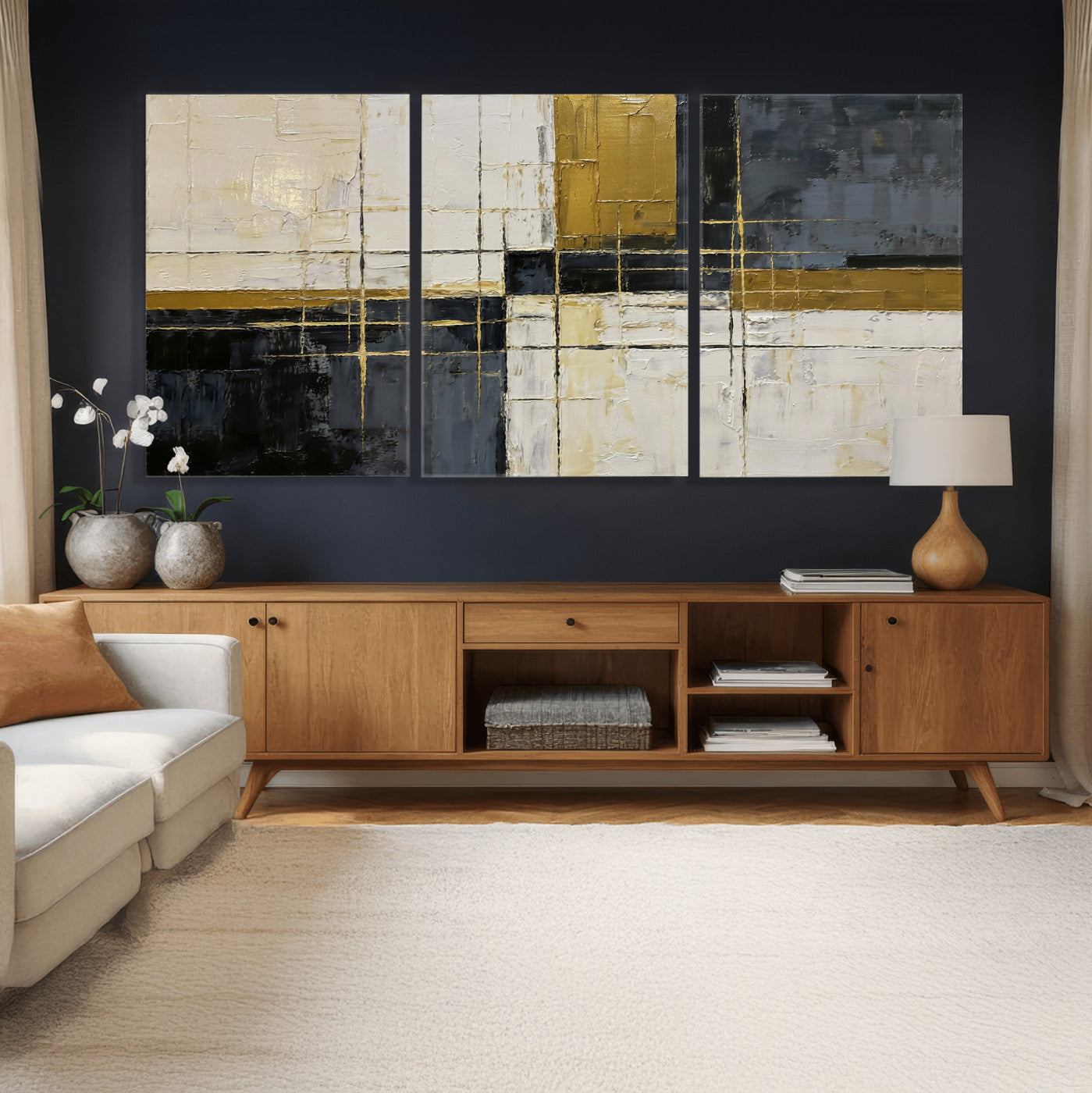 36097945-MGV-CV-36X24 - Abstract Gold and Black Wall Art Canvas Print – Modern Geometric Neutral Artwork for Living Room Decor