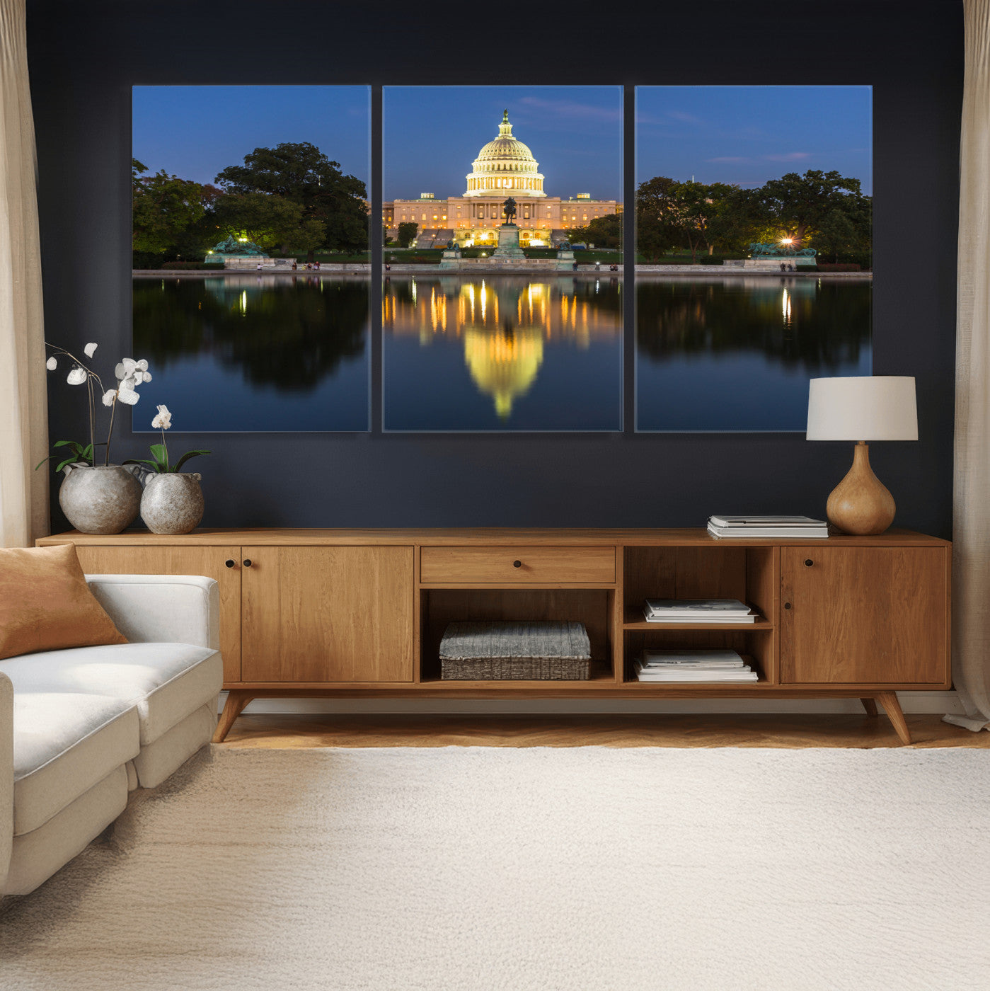 95568590-MGV-CV-36X24 - US Capitol Building Wall Art Canvas Print – Washington DC Landmark Night Reflection Artwork for Office Decor