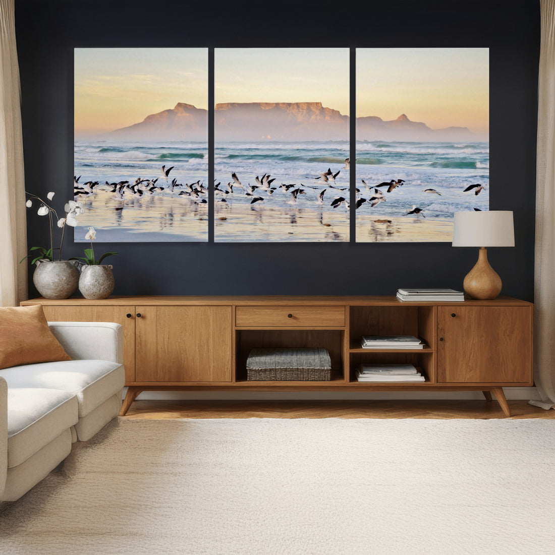 Seagulls Over Ocean Wall Art Canvas Print | Coastal Beach Landscape Artwork