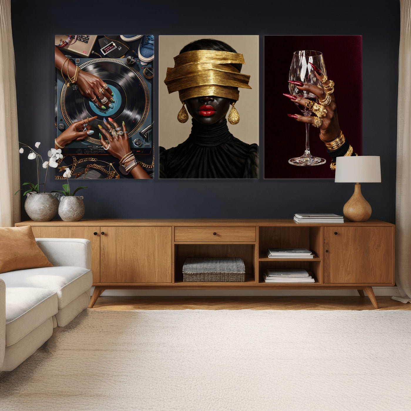 8151788S6-MGV-CV-60X30-3P - Luxury Fashion Wall Art Canvas Print Set of 3, Gold Jewelry Portrait Triptych, Glam Black Woman Modern Artwork