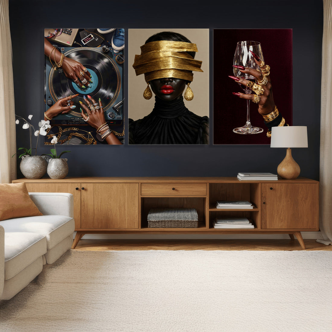 Luxury Fashion Wall Art Canvas Print Set of 3, Gold Jewelry Portrait Triptych