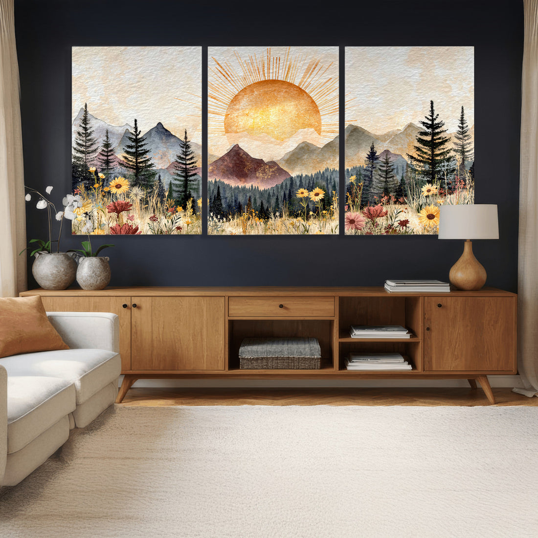 Boho Mountain Landscape Large Wall Art, Horizontal Gold Sun and Flowers Print